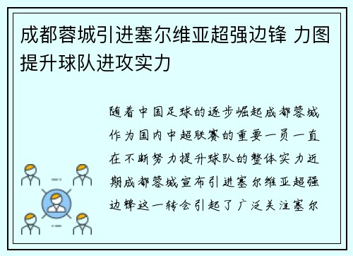 成都蓉城引进塞尔维亚超强边锋 力图提升球队进攻实力